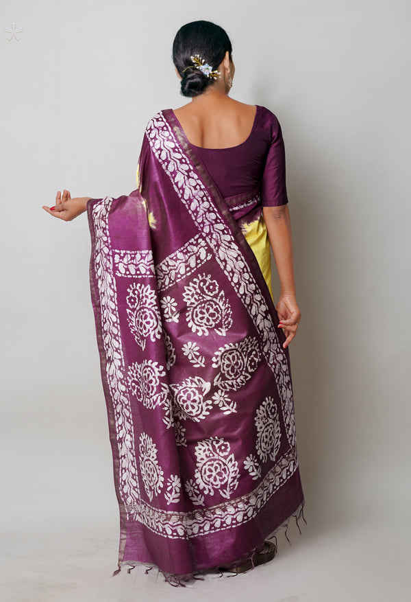 Pale Yellow-Dark Purple Pure  Batik Printed Chanderi Sico Saree-UNM74781