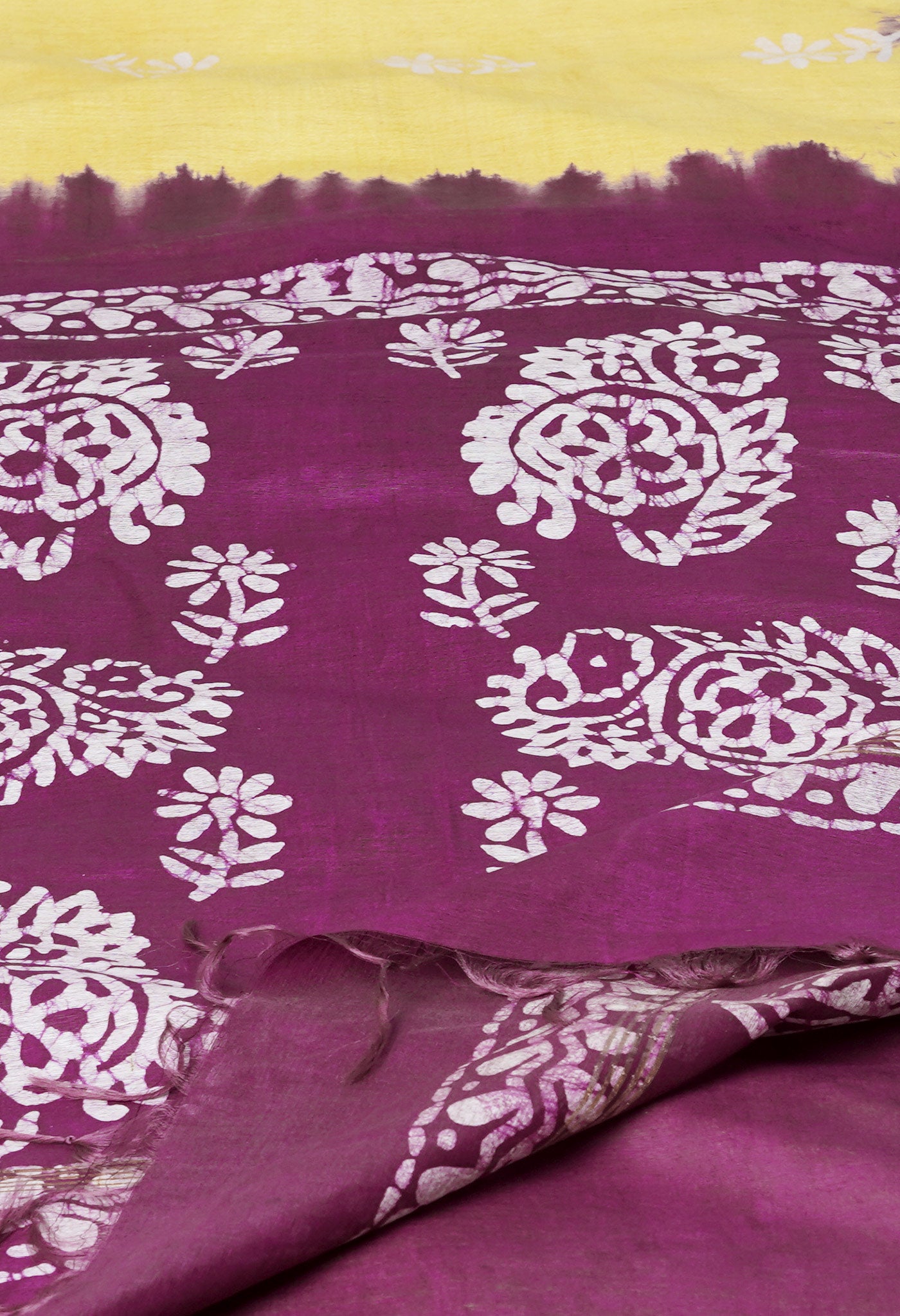Pale Yellow-Dark Purple Pure Batik Printed Chanderi Sico Saree