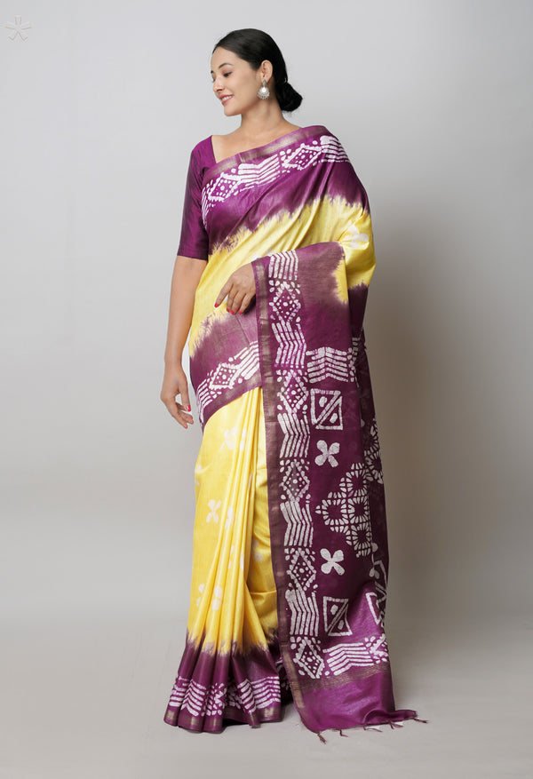Pale Yellow-Dark Purple Pure  Batik Printed Chanderi Sico Saree-UNM74810