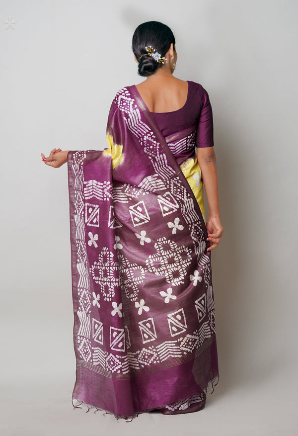 Pale Yellow-Dark Purple Pure  Batik Printed Chanderi Sico Saree-UNM74810