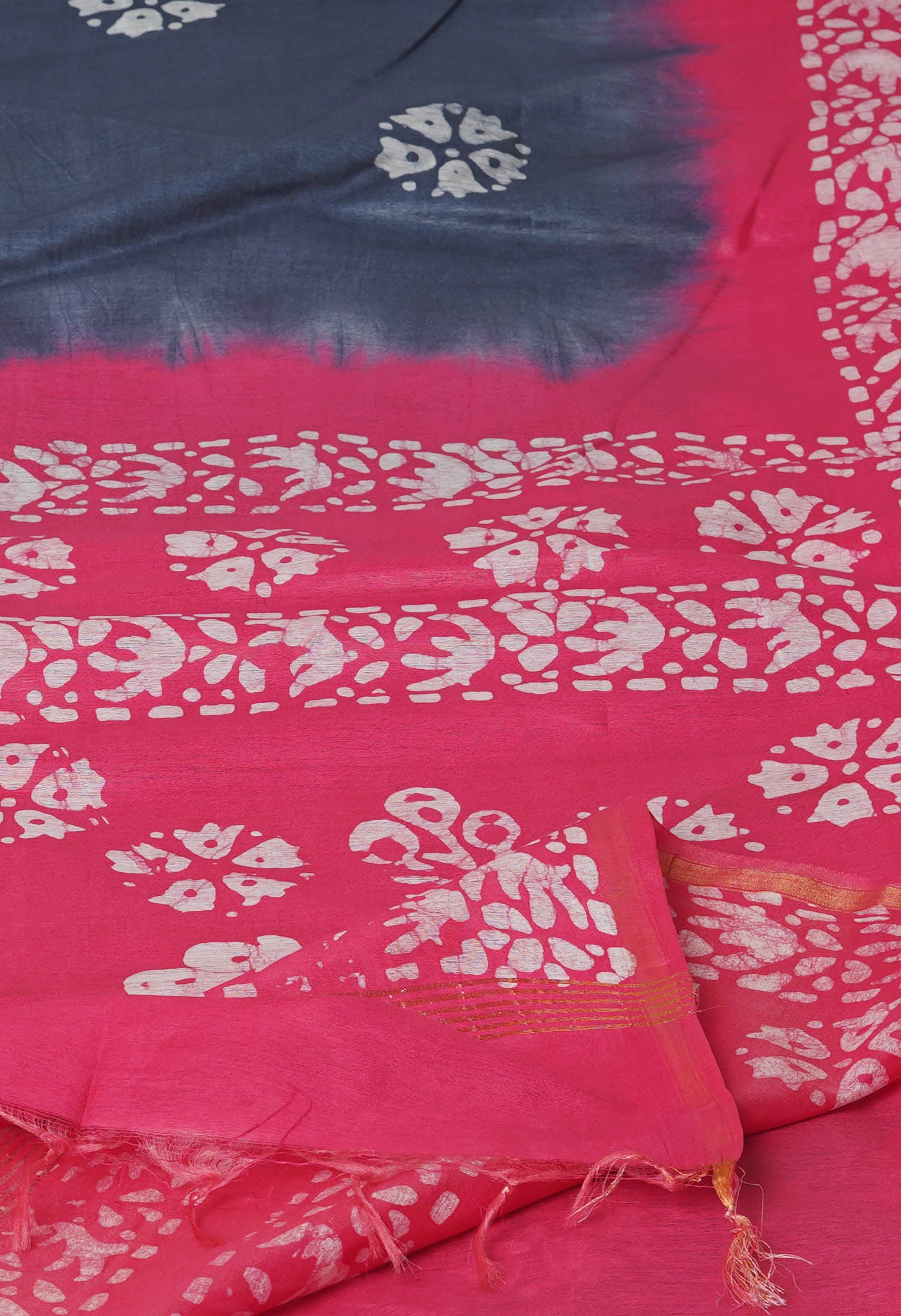 Grey-Peach Red Pure Batik Printed Chanderi Sico Saree