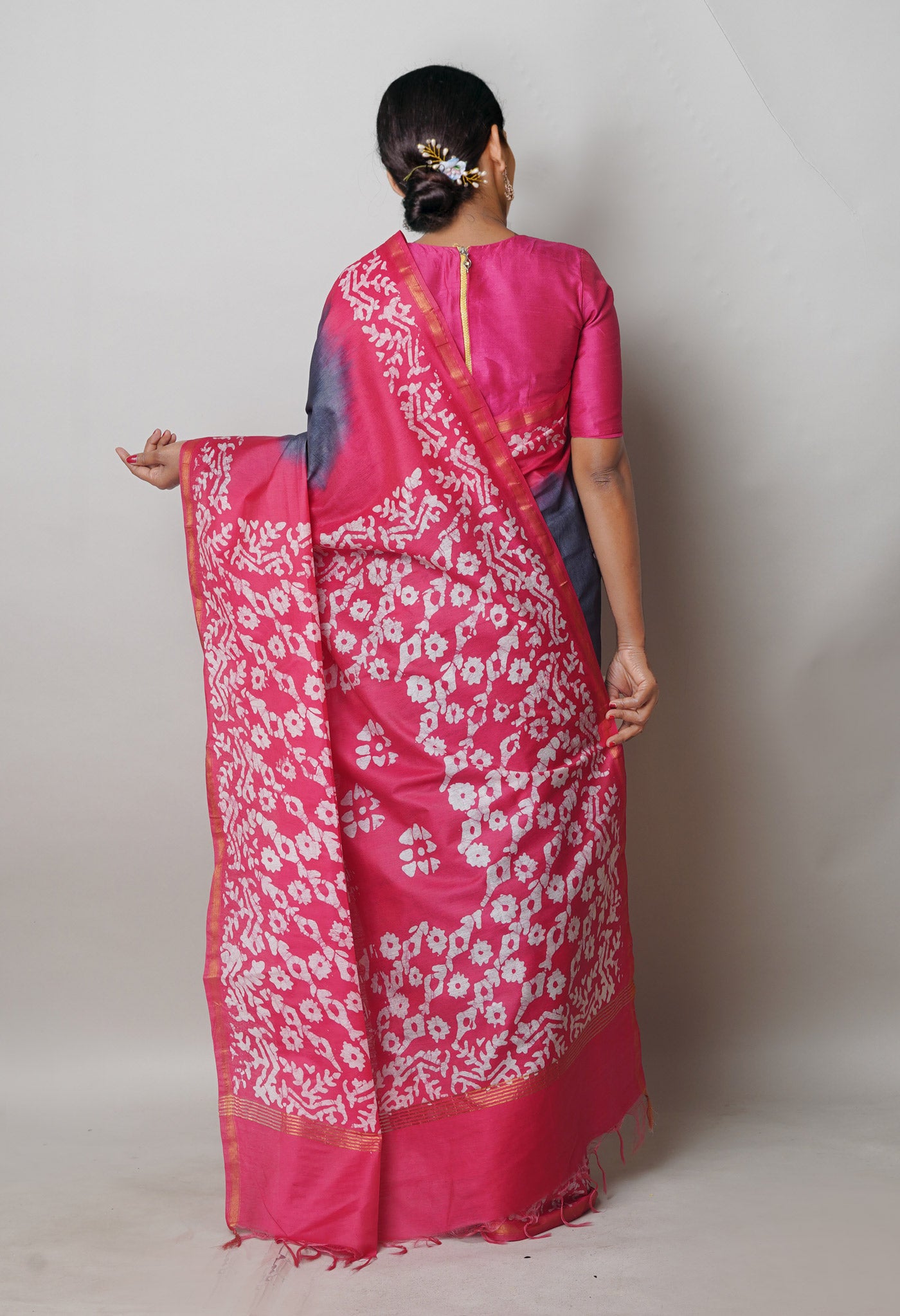 Grey-Pink Pure Batik Printed Chanderi Sico Saree