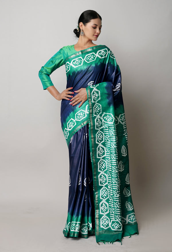 Navy Blue-Dark Green Pure  Batik Printed Chanderi Sico Saree-UNM74797