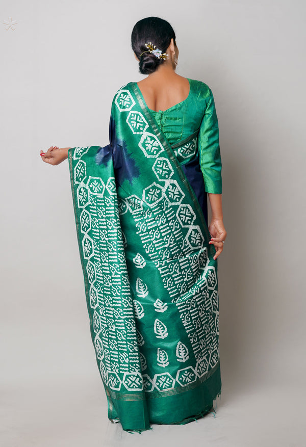 Navy Blue-Dark Green Pure  Batik Printed Chanderi Sico Saree-UNM74797