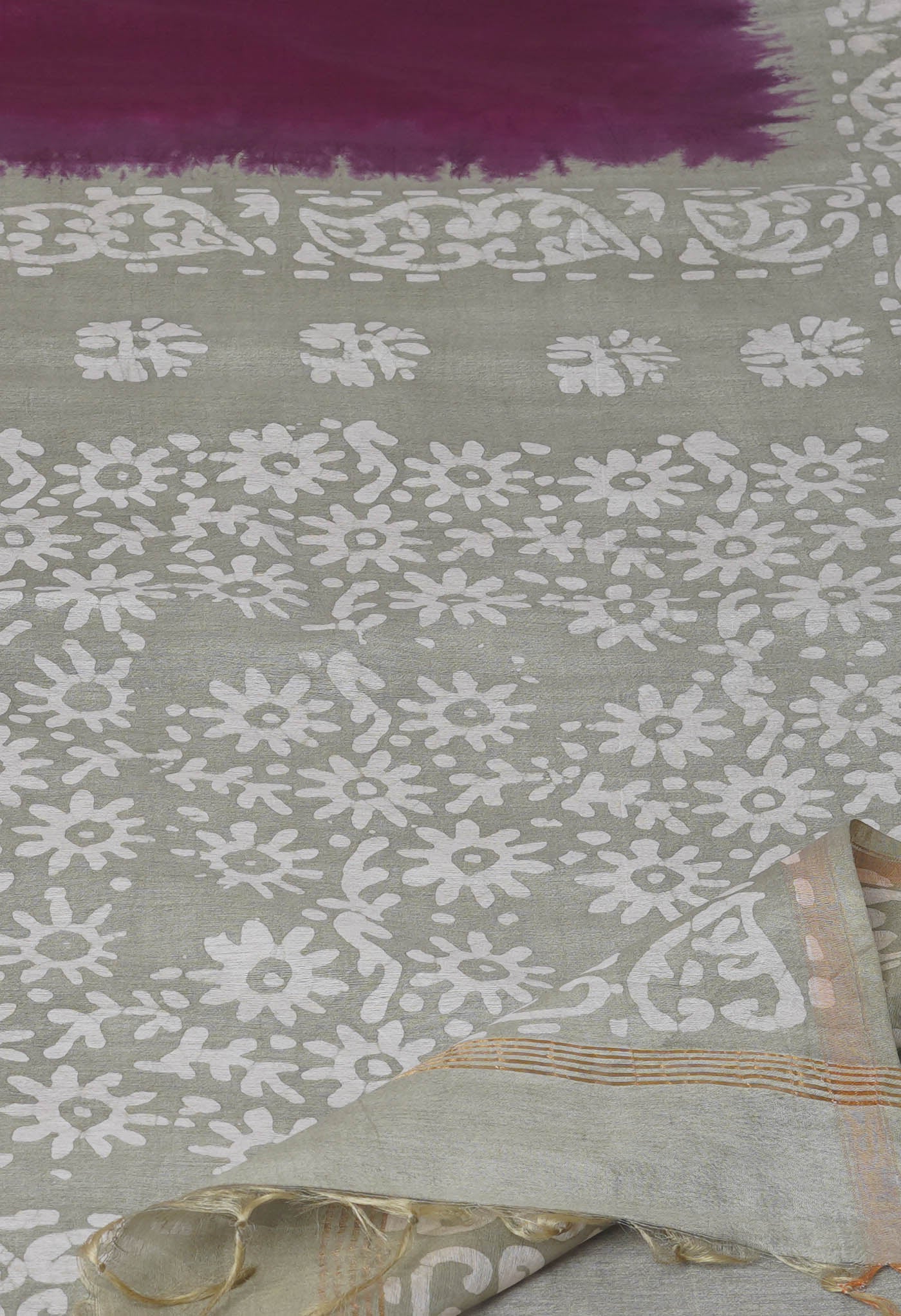Purple-Grey Pure Batik Printed Chanderi Sico Saree