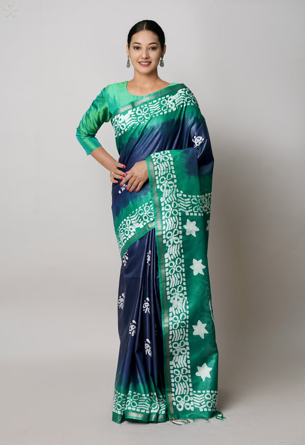 Navy BlueDark Green Pure  Batik Printed Chanderi Sico Saree-UNM74800