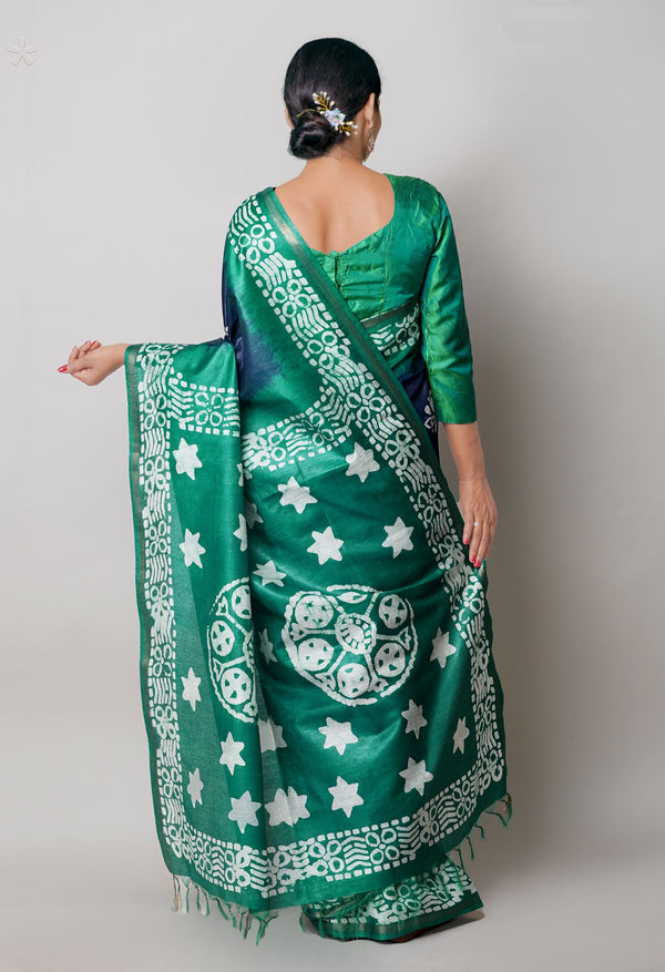 Navy BlueDark Green Pure  Batik Printed Chanderi Sico Saree-UNM74800