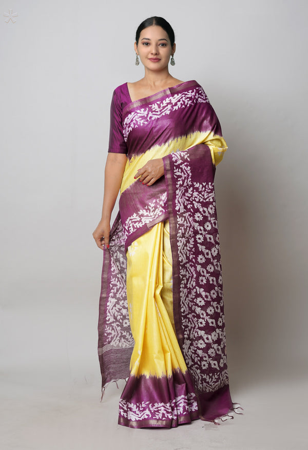 Pale Yellow-Dark Purple Pure  Batik Printed Chanderi Sico Saree-UNM74802