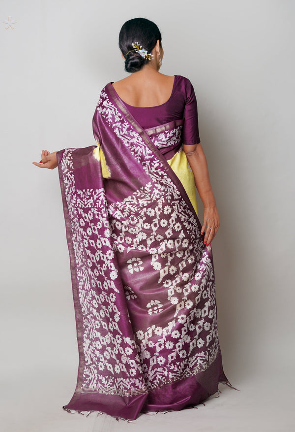 Pale Yellow-Dark Purple Pure  Batik Printed Chanderi Sico Saree-UNM74802