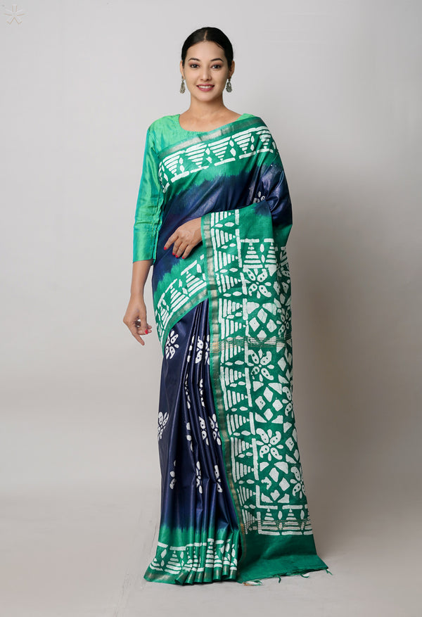 Navy Blue-Dark Green Pure  Batik Printed Chanderi Sico Saree-UNM74805