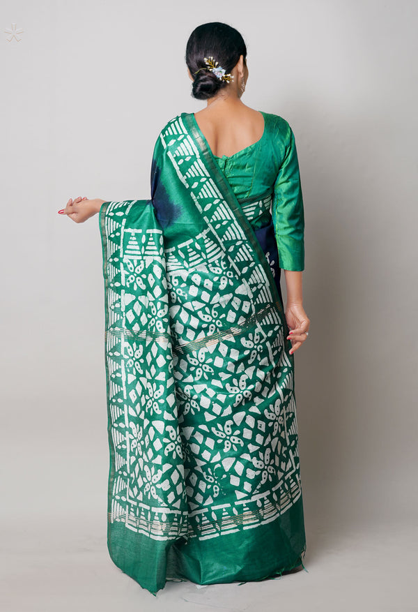Navy Blue-Dark Green Pure  Batik Printed Chanderi Sico Saree-UNM74805