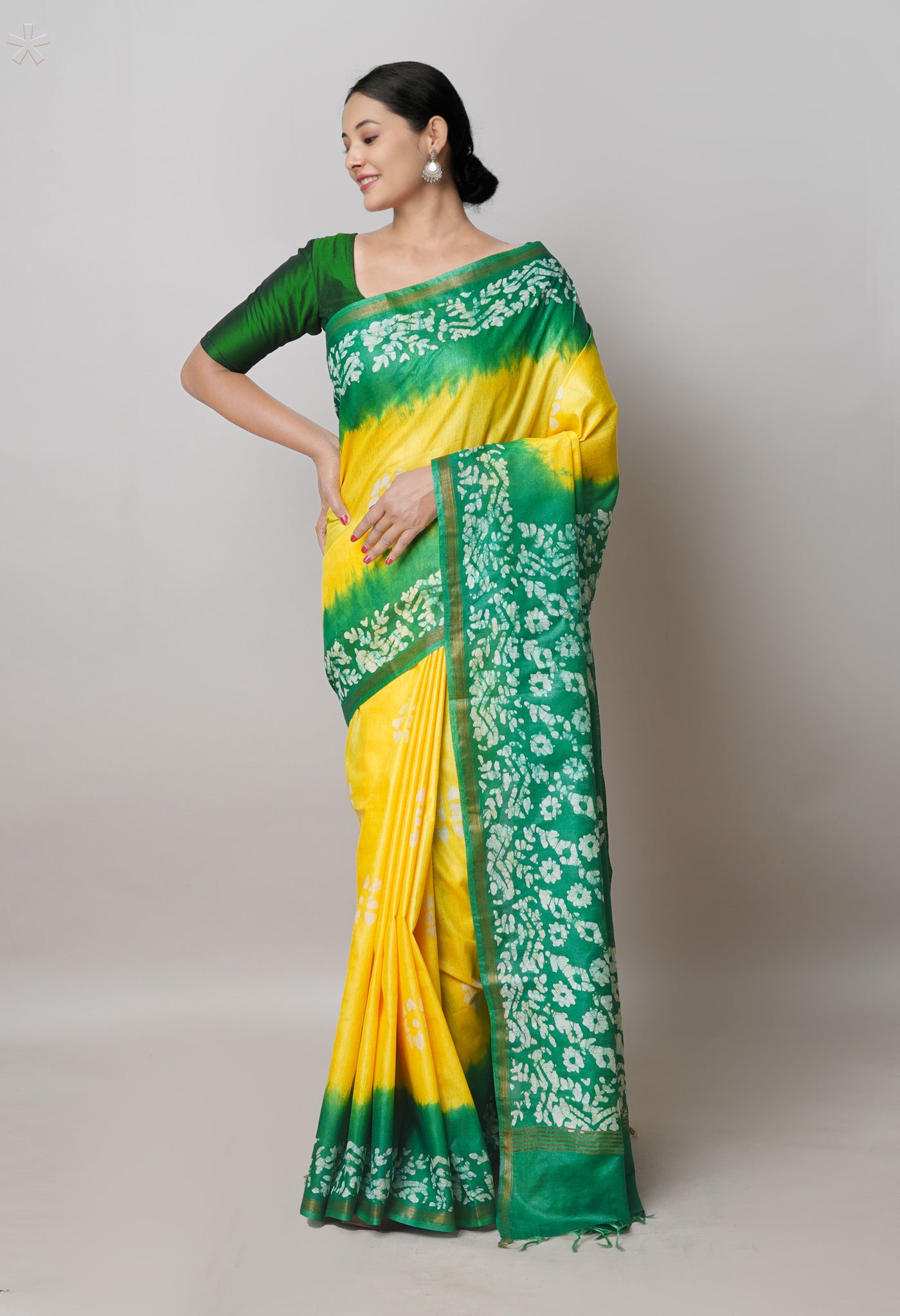 Pale Yellow-Green Pure Batik Printed Chanderi Sico Saree