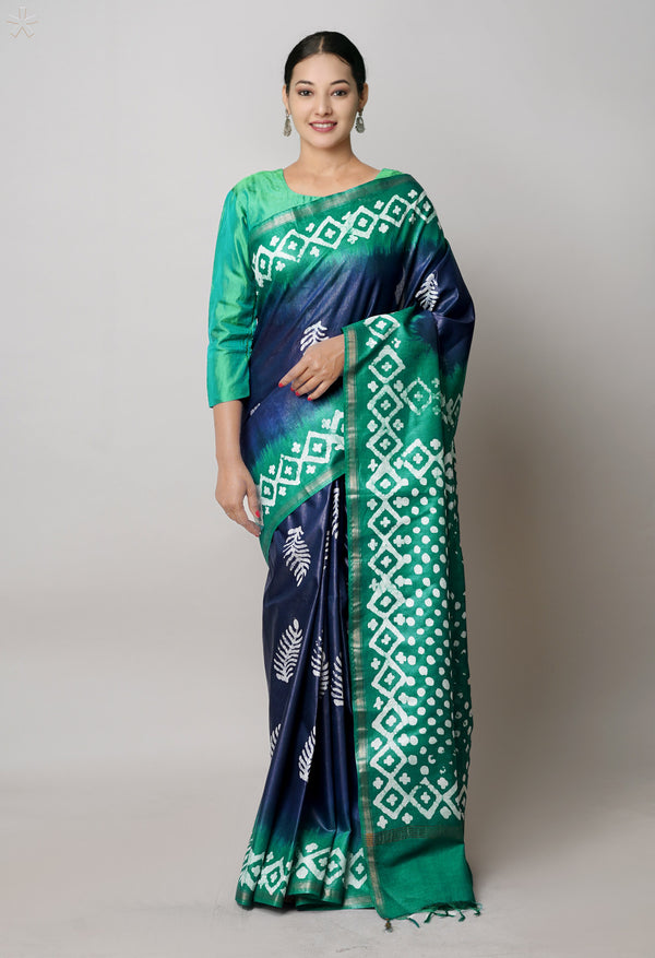 Navy Blue-Dark Green Pure  Batik Printed Chanderi Sico Saree-UNM74821
