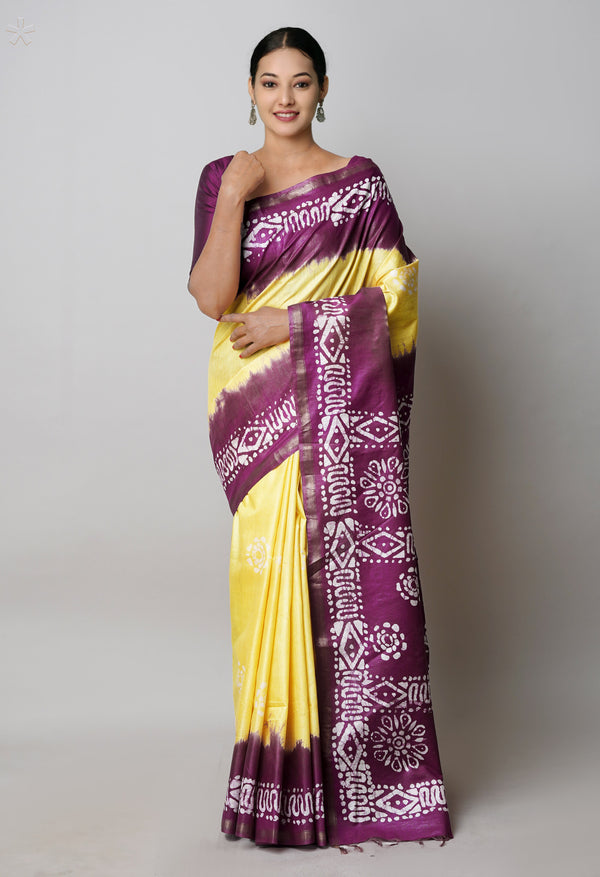 Pale Yellow-Dark Purple Pure  Batik Printed Chanderi Sico Saree-UNM74826