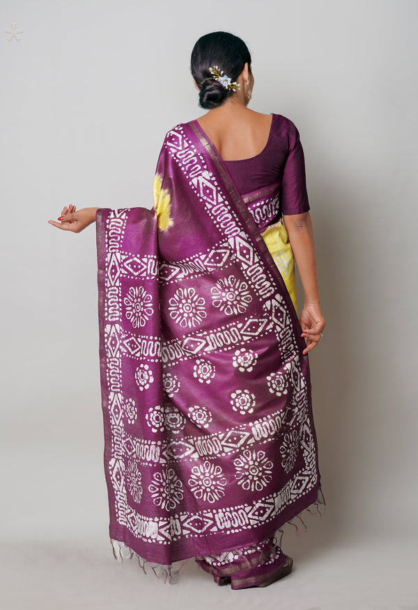 Pale Yellow-Dark Purple Pure  Batik Printed Chanderi Sico Saree-UNM74826