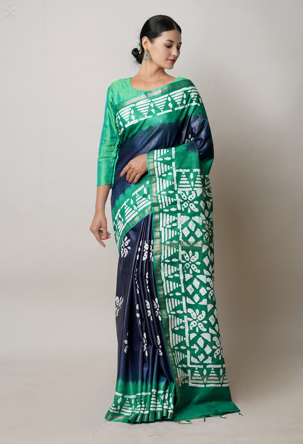 Navy Blue-Dark Green Pure  Batik Printed Chanderi Sico Saree-UNM74827
