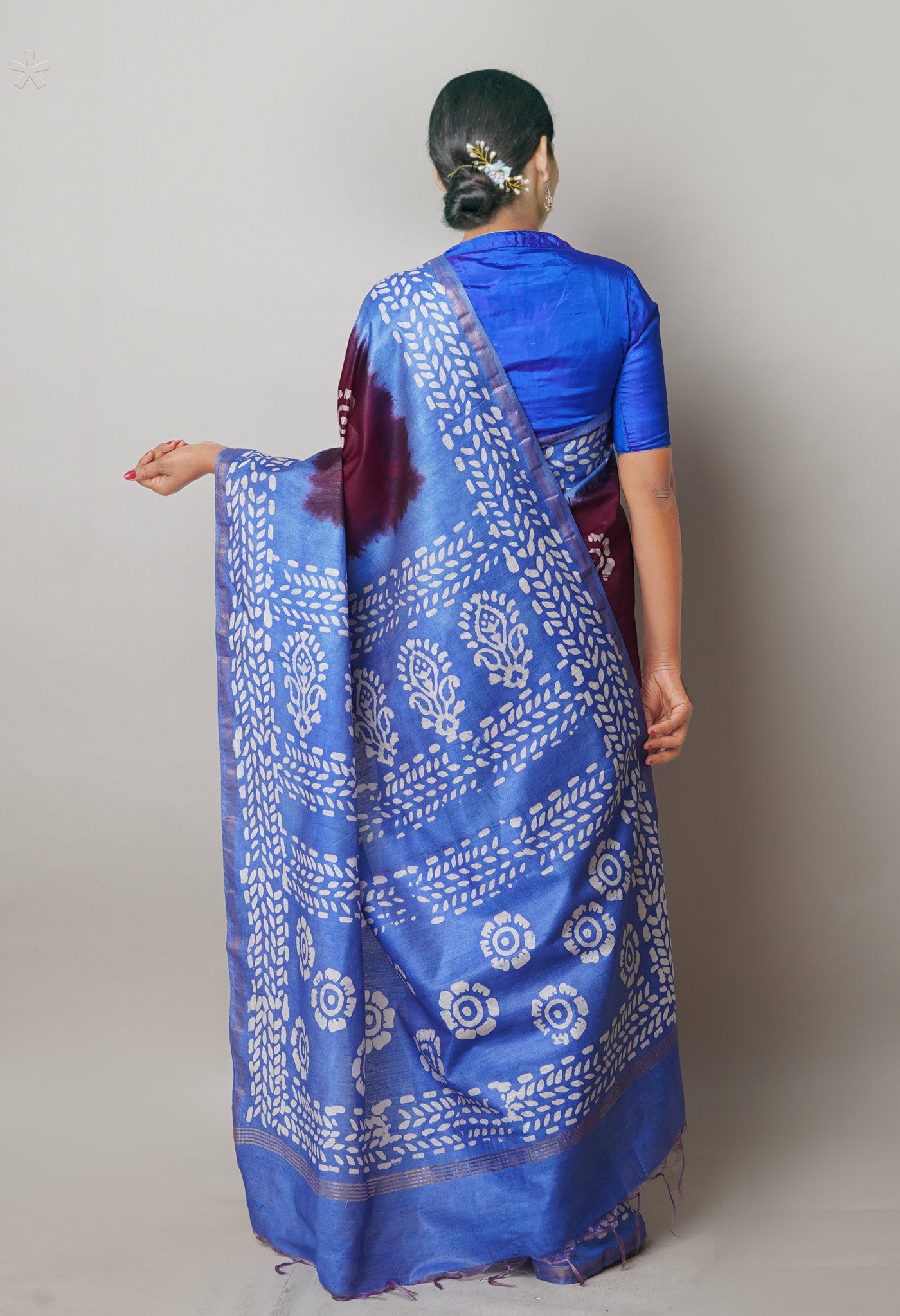 Purple-Blue Pure Batik Printed Chanderi Sico Saree