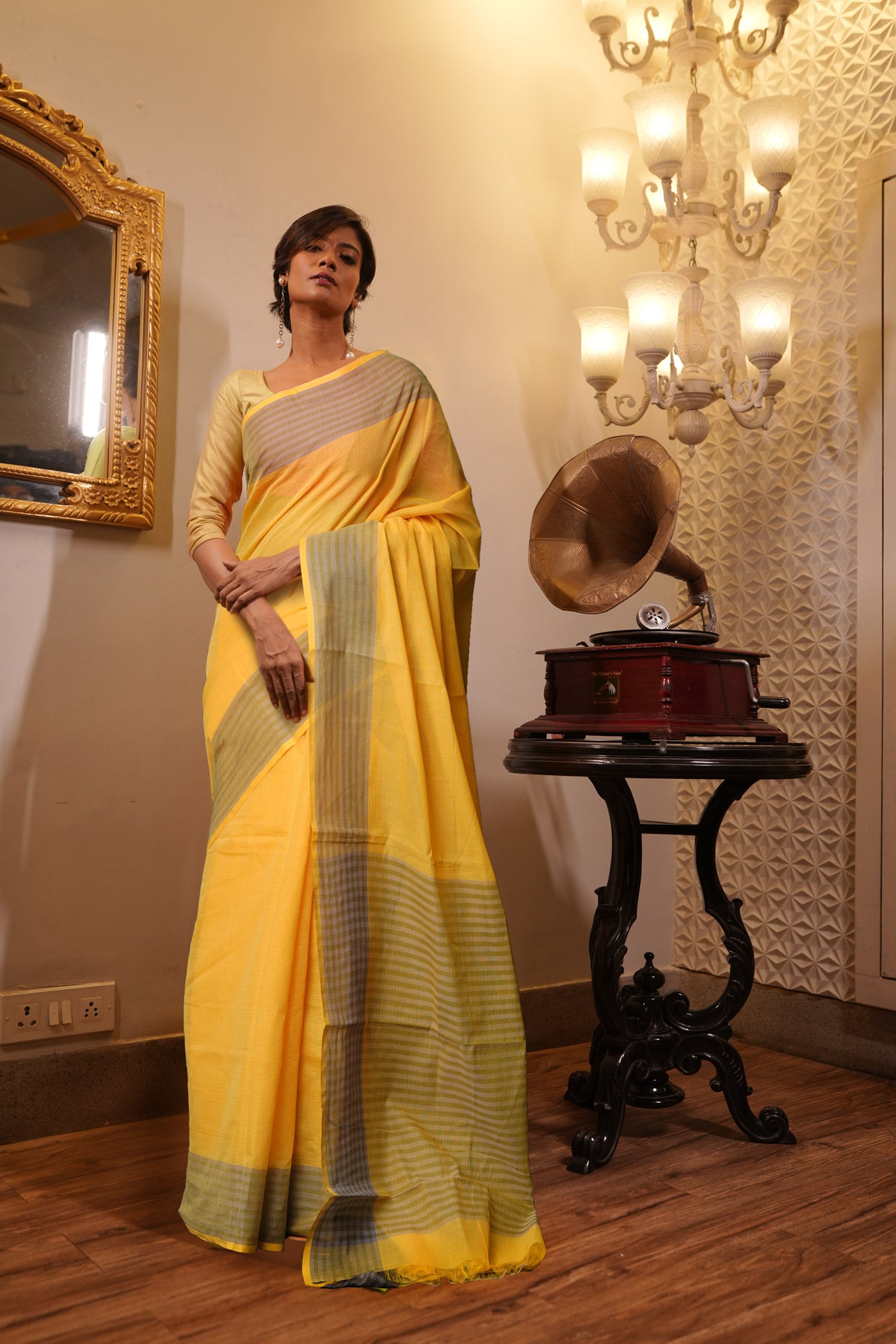 Yellow Pure Mangalgiri Cotton Saree