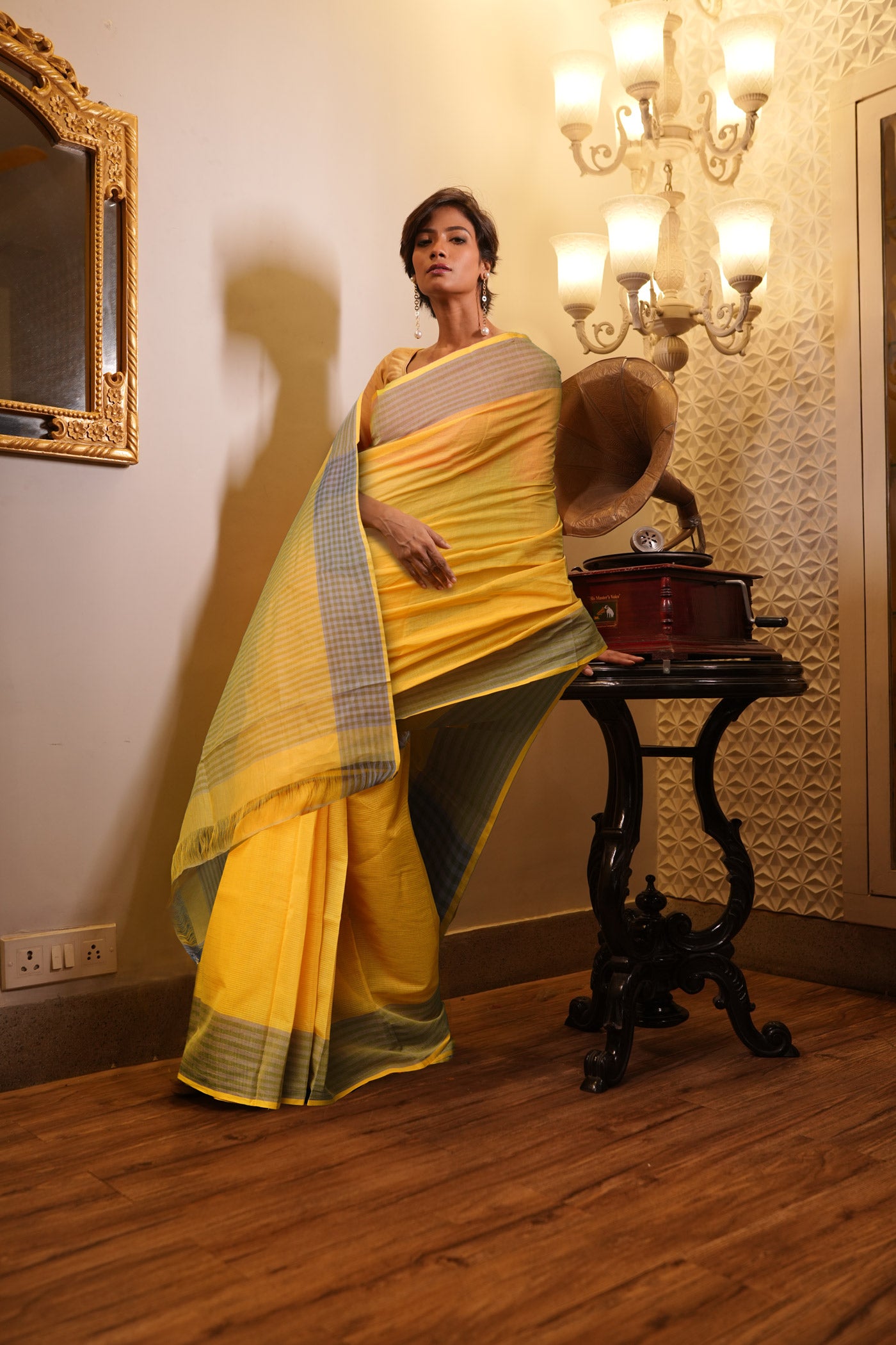 Yellow Pure Mangalgiri Cotton Saree