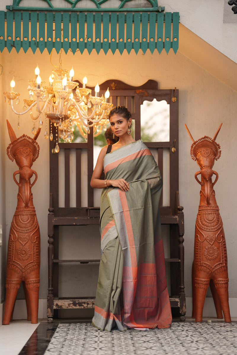 Olive Green Pure  Mangalgiri Cotton Saree-UNM74843
