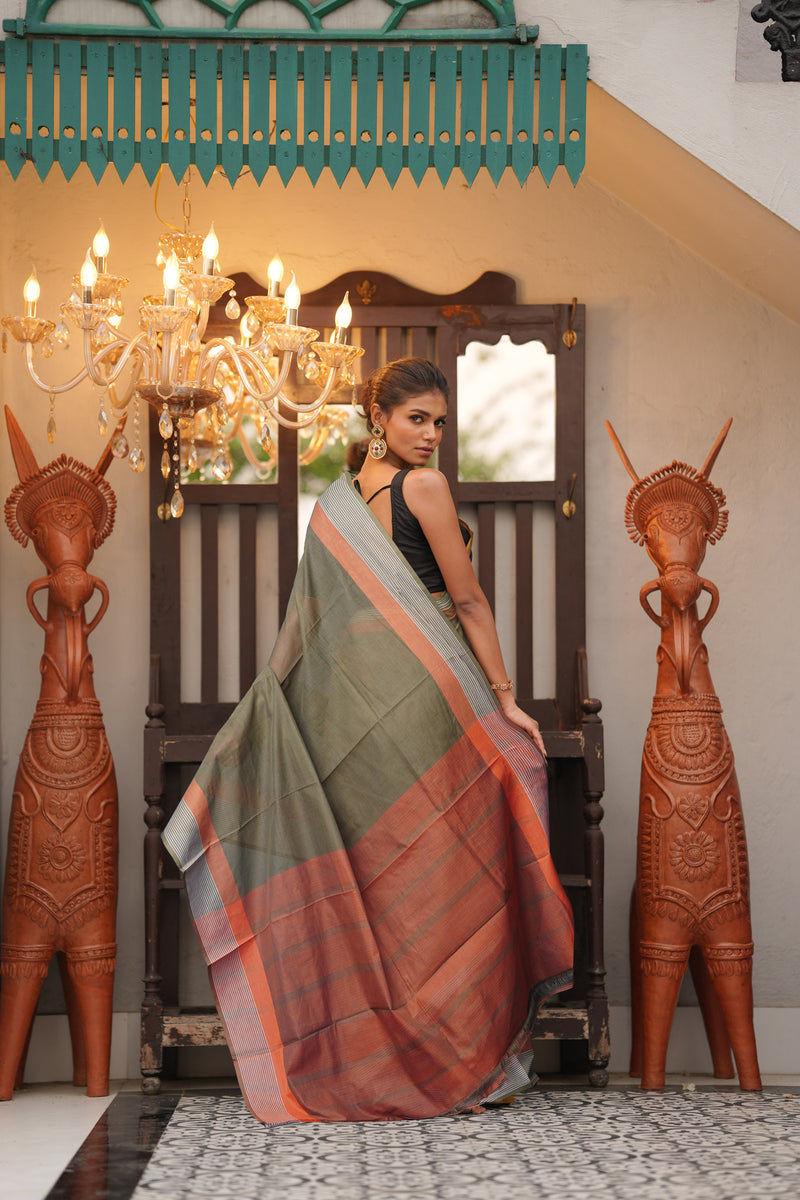 Olive Green Pure  Mangalgiri Cotton Saree-UNM74843