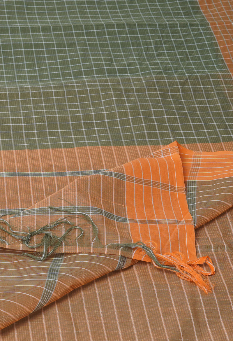 Olive Green Pure  Mangalgiri With Checks Cotton Saree-UNM74849