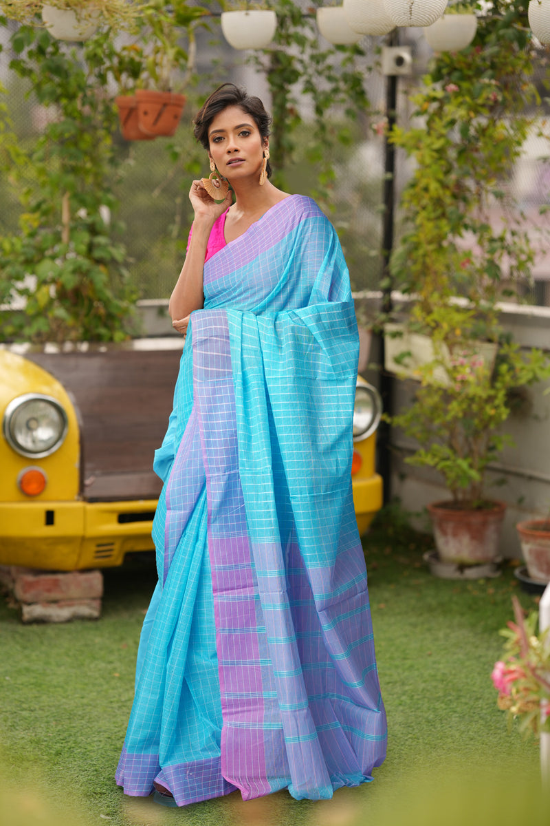 Sky Blue Pure  Mangalgiri With Checks Cotton Saree-UNM74850