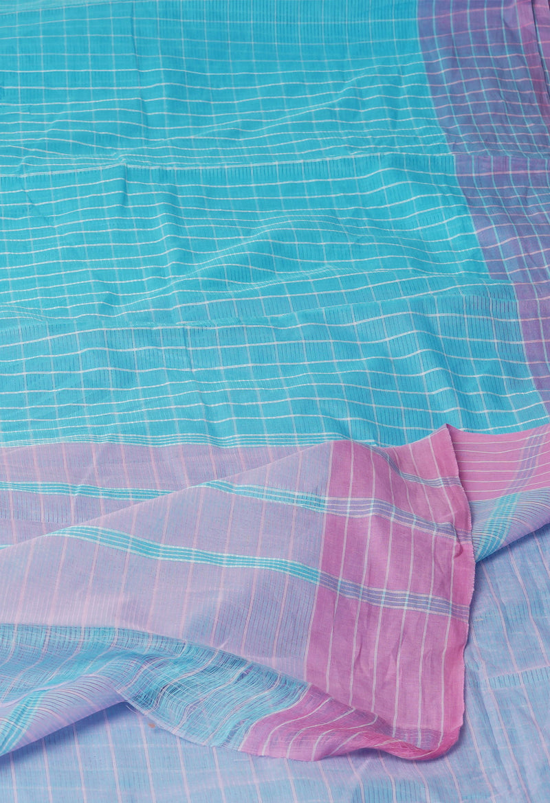Sky Blue Pure  Mangalgiri With Checks Cotton Saree-UNM74850