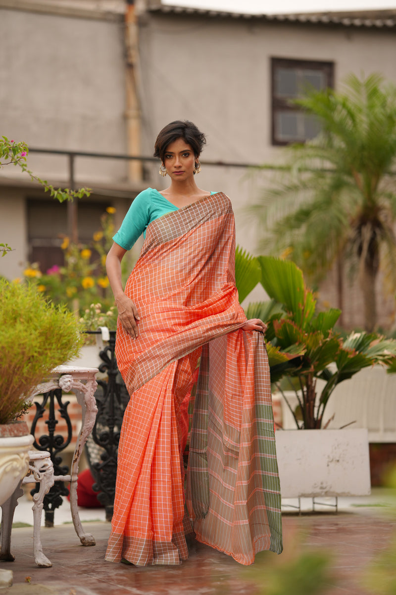 Coral Orange Pure  Mangalgiri With Checks Cotton Saree-UNM74852