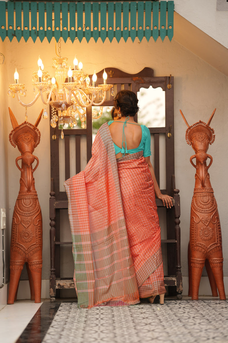 Coral Orange Pure  Mangalgiri With Checks Cotton Saree-UNM74852