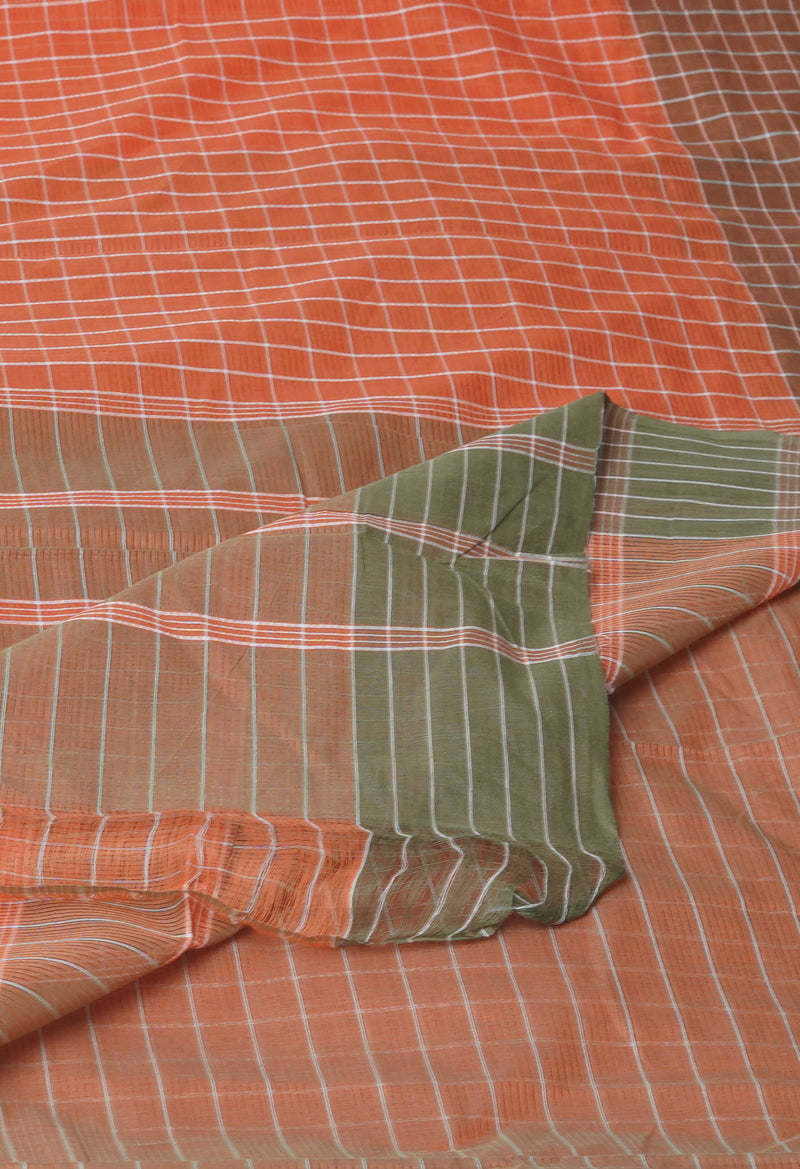 Coral Orange Pure  Mangalgiri With Checks Cotton Saree-UNM74852