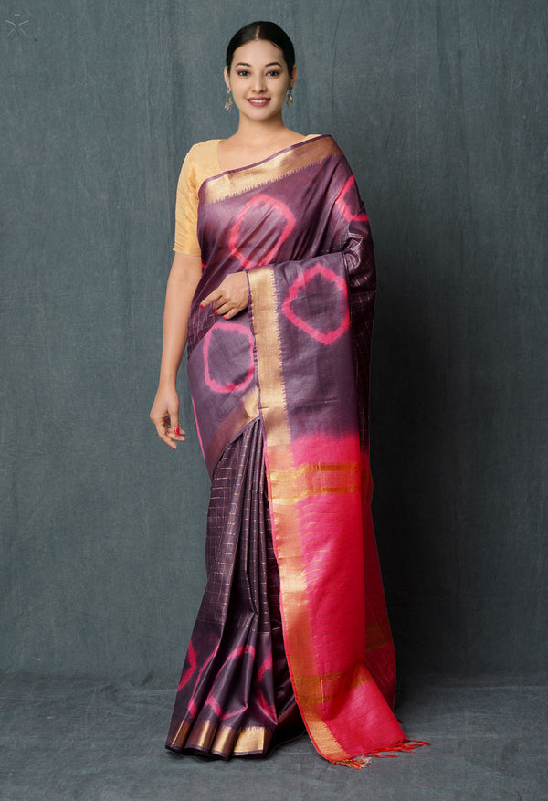 Purple-Pink  Shibori Printed Chanderi Sico Saree-UNM74853
