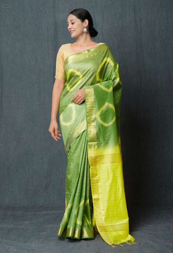 Green-Yellow  Shibori Printed Chanderi Sico Saree-UNM74854