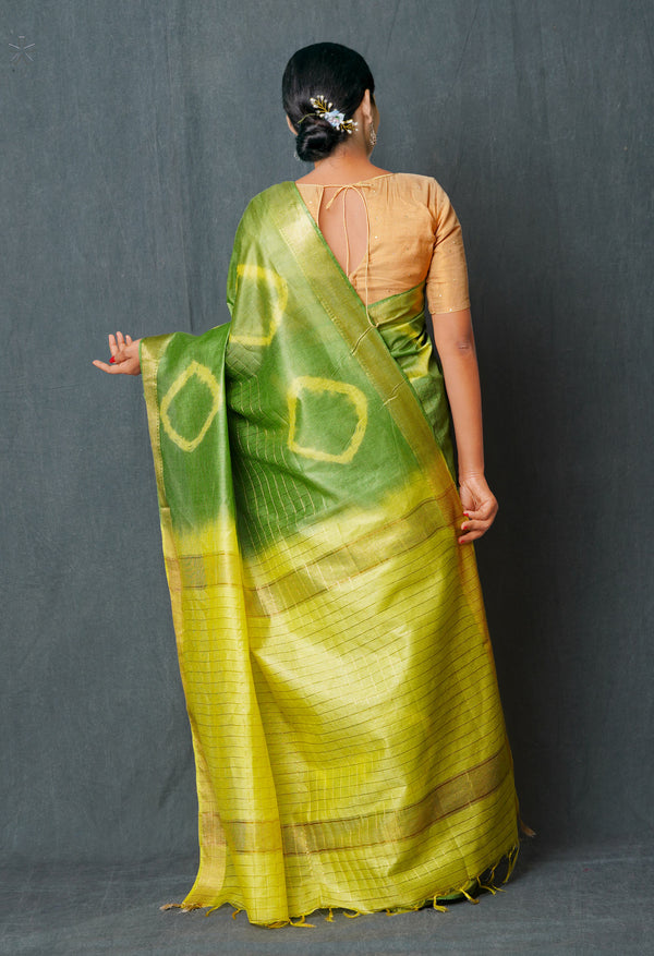 Green-Yellow  Shibori Printed Chanderi Sico Saree-UNM74854