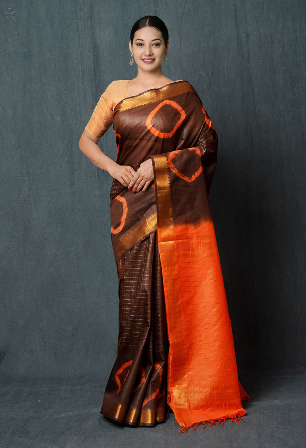 Cedar Brown-Orange  Shibori Printed Chanderi Sico Saree-UNM74855