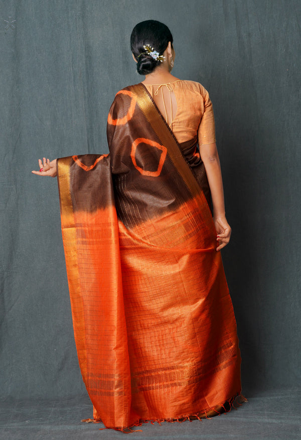Cedar Brown-Orange  Shibori Printed Chanderi Sico Saree-UNM74855