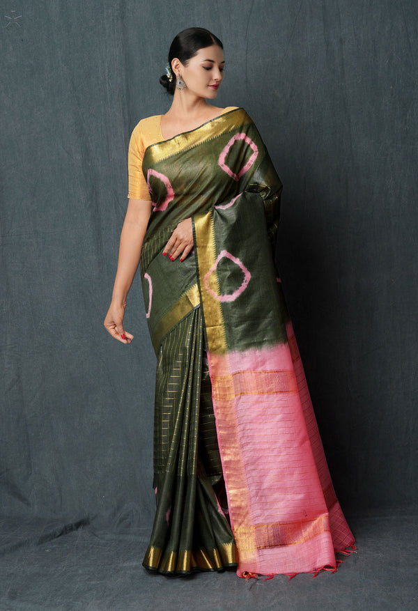 Seaweed GreenBaby Pink  Shibori Printed Chanderi Sico Saree-UNM74856