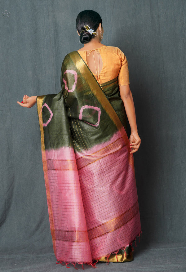 Seaweed GreenBaby Pink  Shibori Printed Chanderi Sico Saree-UNM74856