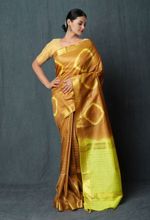Camel BrownPale Green  Shibori Printed Chanderi Sico Saree-UNM74857