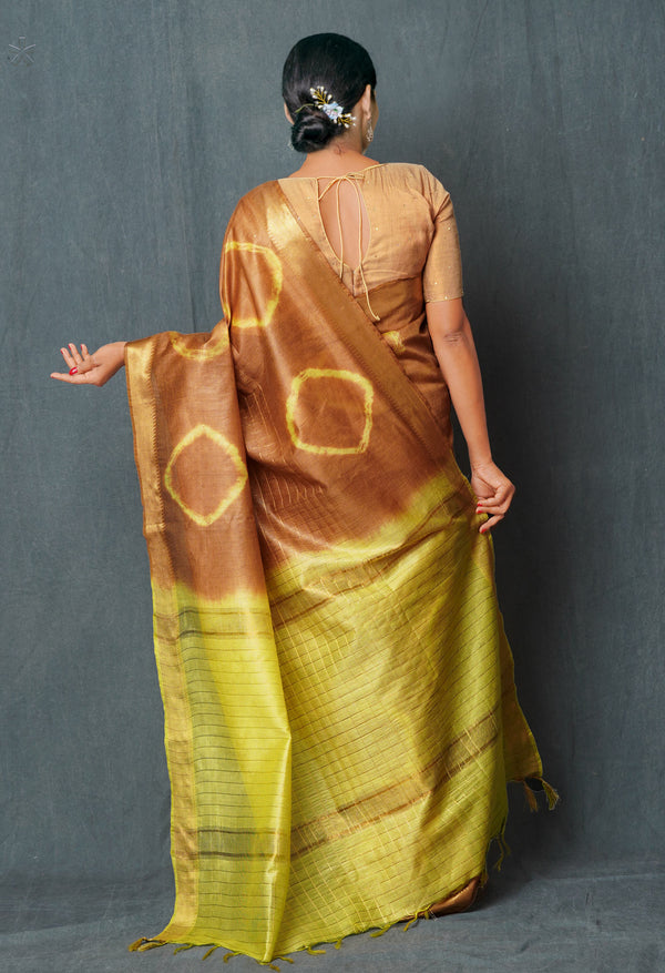 Camel BrownPale Green  Shibori Printed Chanderi Sico Saree-UNM74857