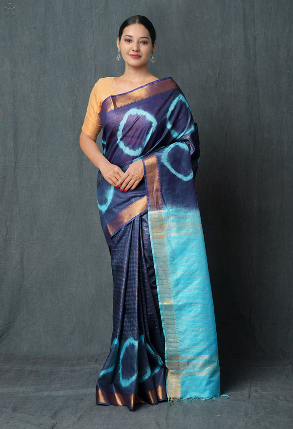 Dark Blue-Blue  Shibori Printed Chanderi Sico Saree-UNM74858
