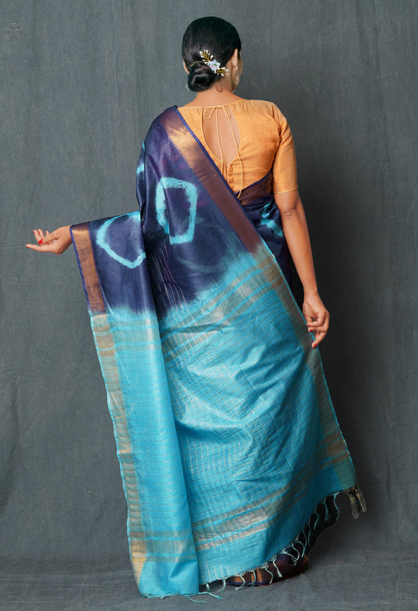 Dark Blue-Blue  Shibori Printed Chanderi Sico Saree-UNM74858