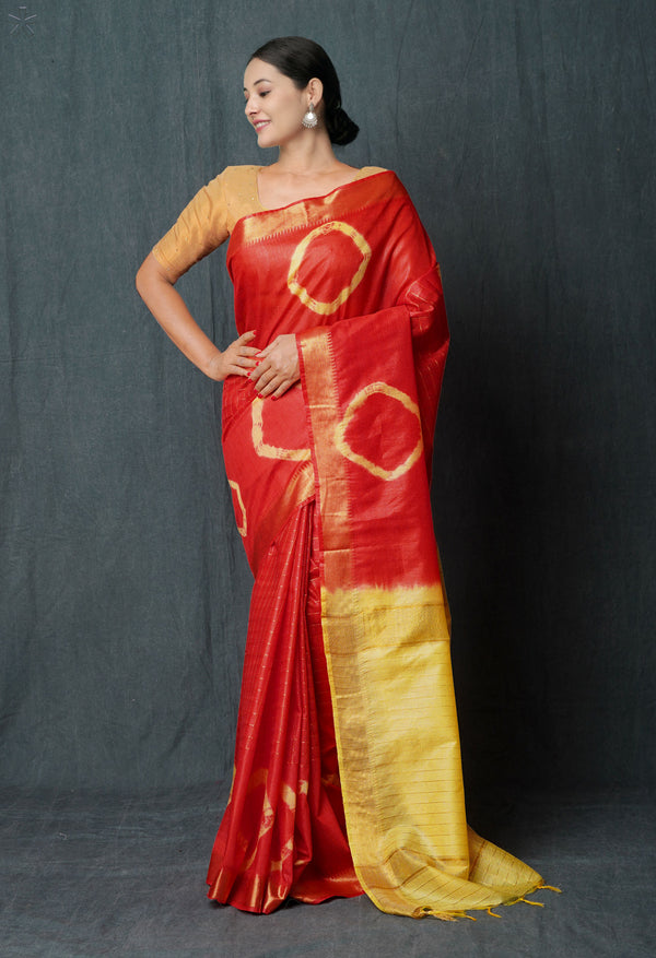 RedPale Yellow  Shibori Printed Chanderi Sico Saree-UNM74859