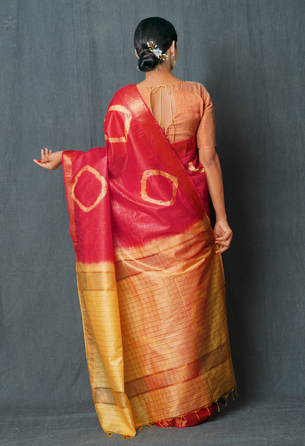 RedPale Yellow  Shibori Printed Chanderi Sico Saree-UNM74859