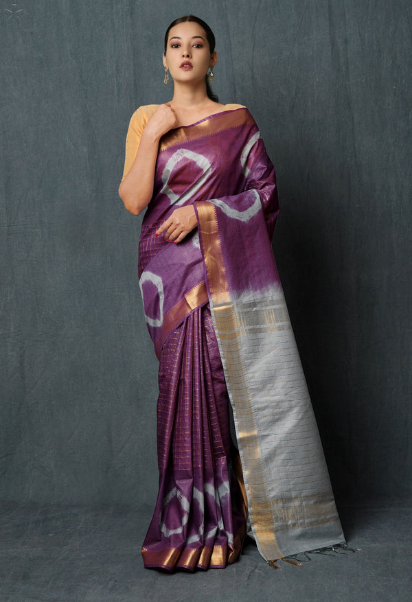 Purple-Grey  Shibori Printed Chanderi Sico Saree-UNM74860