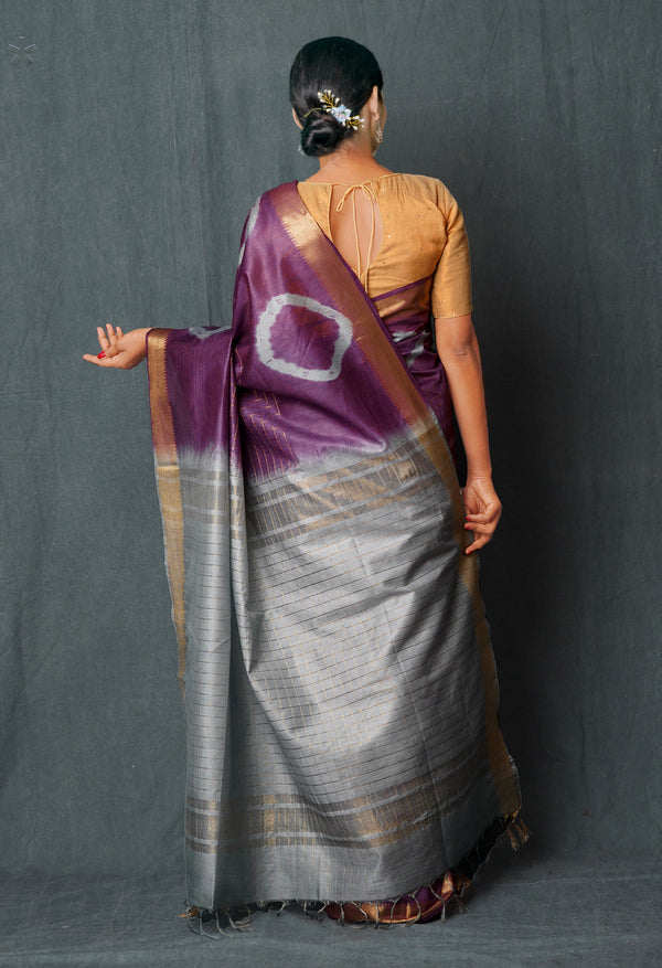 Purple-Grey  Shibori Printed Chanderi Sico Saree-UNM74860