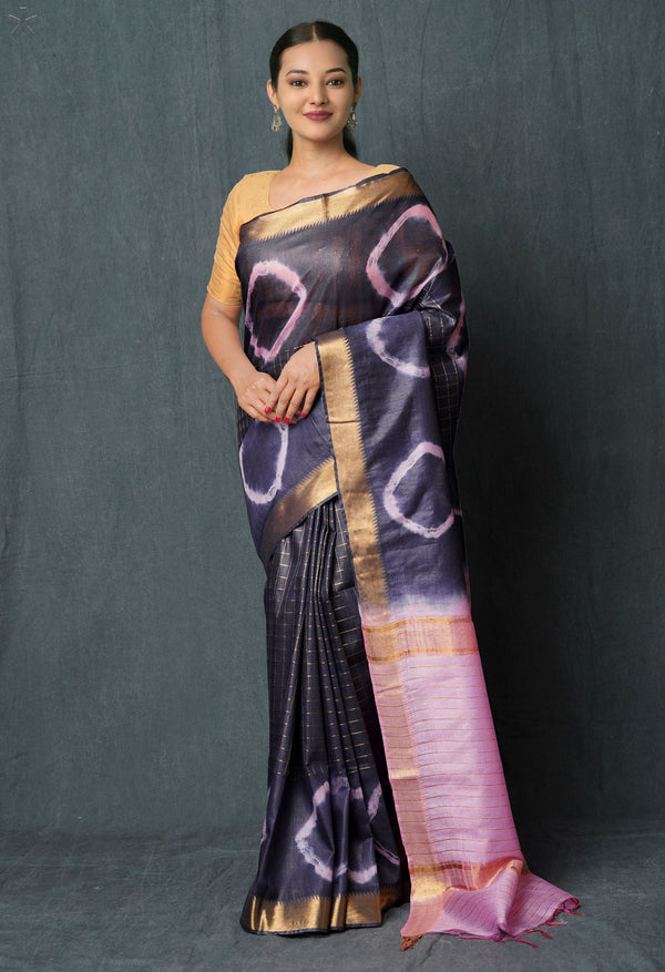 Navy Blue-Baby Pink  Shibori Printed Chanderi Sico Saree-UNM74861