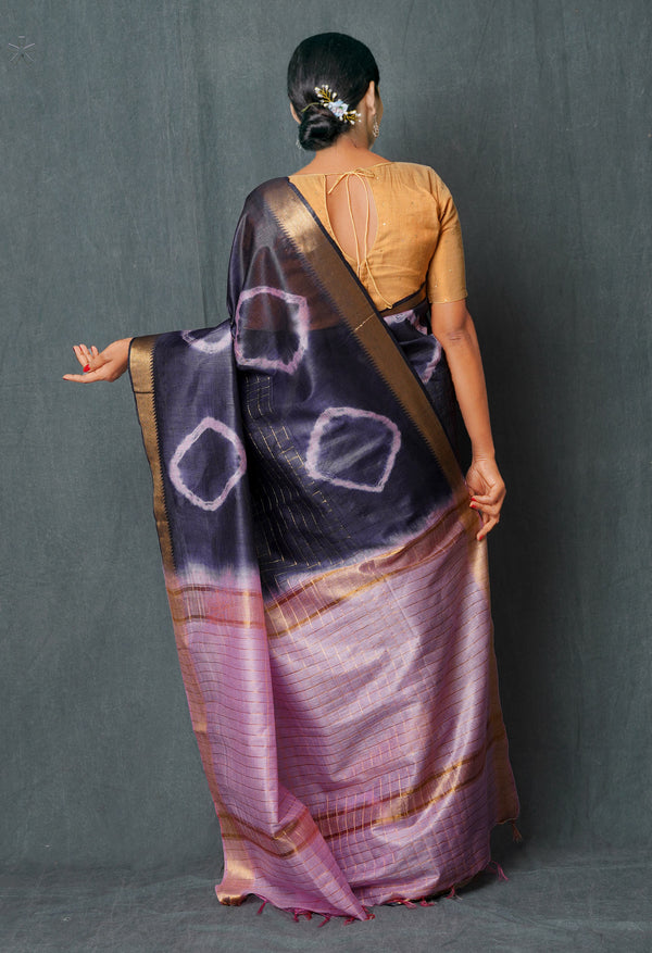 Navy Blue-Baby Pink  Shibori Printed Chanderi Sico Saree-UNM74861