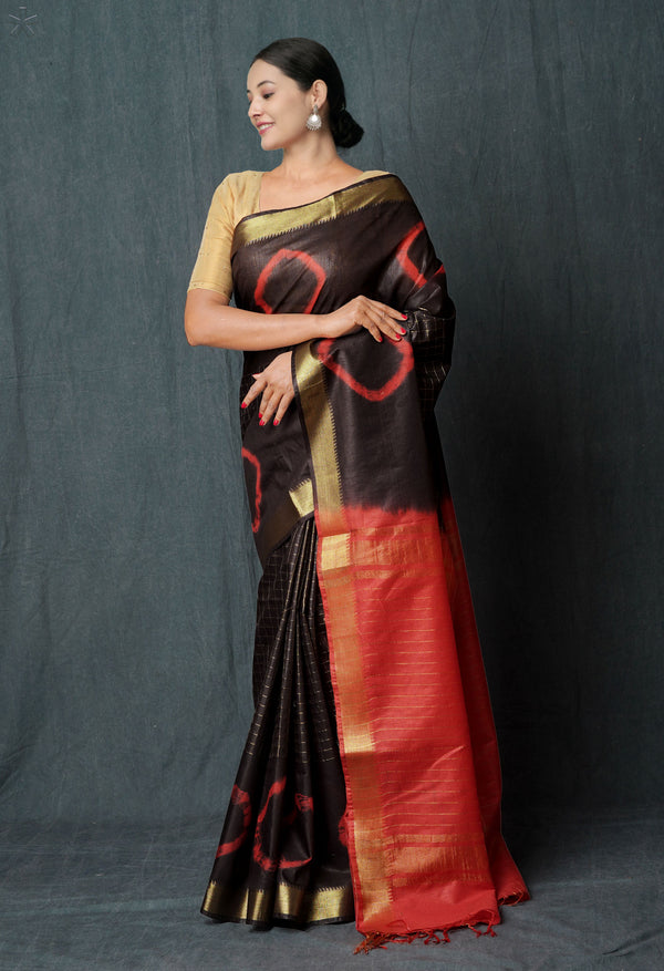 Cedar Brown-Red  Shibori Printed Chanderi Sico Saree-UNM74862