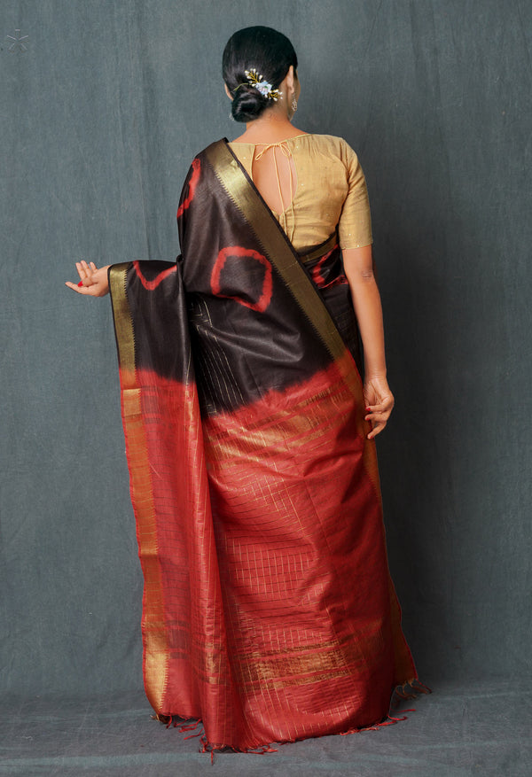 Cedar Brown-Red  Shibori Printed Chanderi Sico Saree-UNM74862